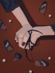  1girl animal arthropod_legs black_sleeves body_parts bug clea hands holding holding_animal jewelry lace_trim original pearl_(gemstone) red_background ring 