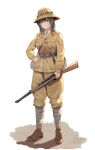  1girl absurdres black_hair bolt_action commentary english_commentary full_body goggles goggles_on_headwear gun hand_on_hip helmet highres holding holding_gun holding_weapon italy long_hair military military_uniform original pith_helmet puttee rifle solo unicron_(brous) uniform weapon weapon_request white_background world_war_ii 