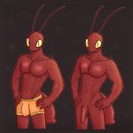  animal_humanoid ant antennae_(anatomy) anthro arthropod arthropod_abdomen arthropod_humanoid bodily_fluids bulge clothed clothing cute_fangs fangs genital_fluids hands_on_hips hi_res humanoid hymenopteran insect insect_humanoid knot male muscular nude partially_clothed pecs pose precum simple_background smile smirk solo spookysauces underwear 