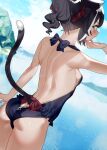  1girl animal_ear_fluff animal_ears ass backless_swimsuit bare_arms bare_back bare_shoulders black_hair black_swimsuit blurry blurry_background blush bow casual_one-piece_swimsuit cat_ears cat_girl cat_tail commentary_request day depth_of_field green_eyes hand_up karyl_(princess_connect!) looking_at_viewer looking_back multicolored_hair one-piece_swimsuit outdoors ponytail princess_connect! princess_connect!_re:dive profile red_bow solo streaked_hair subachi swimsuit tail tail_raised twitter_username water watermark white_hair 