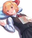  1girl :o ascot black_skirt black_vest blonde_hair blush book eyebrows_visible_through_hair hair_ribbon lying on_back open_book parted_lips pillow red_eyes red_neckwear red_ribbon ribbon roke_(taikodon) rumia short_hair simple_background skirt solo touhou vest white_background 