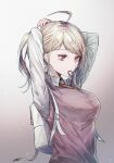  1girl ahoge akamatsu_kaede arms_up backpack bag bangs blonde_hair breasts commentary_request danganronpa_(series) danganronpa_v3:_killing_harmony from_side goto_(sep) gradient gradient_background grey_background hair_ornament hair_tie_in_mouth highres large_breasts long_hair long_sleeves looking_at_viewer mouth_hold musical_note_hair_ornament necktie purple_eyes shirt solo sweater_vest tying_hair upper_body white_shirt 