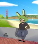  absurd_res against_wall anthro bec_(lobokosmico) boat bracelet brick_floor clothed clothing curvy_figure detailed_background dog_tags female fur golden_gate_bridge green_eyes green_hair hair hi_res jewelry lagomorph legwear leporid lobokosmico looking_at_viewer mammal outside plant rabbit san_francisco sand seaside shirt short_stack sky solo thick_thighs topwear torn_clothing torn_legwear vehicle watercraft 