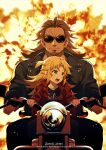  1boy 1girl age_difference anime_coloring black_jacket black_shirt blonde_hair braid brown_hair child closed_mouth commentary explosion eyebrows_visible_through_hair facial_hair facing_viewer fate/apocrypha fate_(series) french_braid goatee green_eyes ground_vehicle highres holding jacket long_hair looking_to_the_side meiji_ken mordred_(fate) mordred_(fate)_(all) motor_vehicle motorcycle on_motorcycle open_mouth parody ponytail red_jacket riding scar scar_across_eye serious shirt shishigou_kairi signature sparks sunglasses sweatdrop t-shirt terminator_(series) terminator_2:_judgment_day thick_eyebrows 