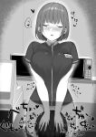  1boy 1girl blush breast_squeeze breasts cash_register convenience_store counter cunnilingus employee_uniform greyscale hand_on_another&#039;s_head hetero highres karinto_yamada large_breasts microwave monochrome name_tag oral original shop short_hair store_clerk uniform 