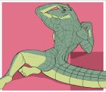  5_toes anthro athena_(f_draws) border breasts butt crocodile crocodilian crocodylid f_draws feet female fingers green_body green_scales hand_on_head hi_res looking_at_viewer looking_back non-mammal_breasts nude pose red_background reptile scales scalie simple_background solo toes white_border yellow_eyes yellow_sclera 