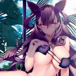  1girl bangs bare_shoulders bikini black_bikini blue_sky blush breasts cleavage collarbone double_bun earrings fate/grand_order fate_(series) hair_ornament jewelry large_breasts long_hair looking_at_viewer murasaki_shikibu_(fate) necklace parted_lips purple_eye_(fate/grand_order) purple_eyes purple_hair rei_(pixiv_187780) sky swimsuit thighs two_side_up very_long_hair 