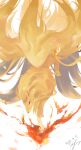  blurry commentary_request dated fire gen_1_pokemon highres ninetales no_humans paws pokemon pokemon_(creature) red_eyes signature solo toes white_background yu_ikedon 