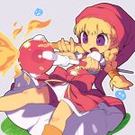  1girl blonde_hair braid commentary_request dragon_quest dragon_quest_xi fire grey_background holding holding_staff legs long_hair metata open_mouth purple_eyes simple_background staff twin_braids veronica_(dq11) 
