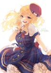  1girl :d bangs belt blonde_hair blue_belt blue_dress blue_eyes blush bow breasts commentary_request dress eyebrows_visible_through_hair frills hand_up hat hazuki_(nature.) highres idolmaster idolmaster_cinderella_girls large_bow long_hair looking_at_viewer ootsuki_yui open_mouth plaid plaid_dress puffy_short_sleeves puffy_sleeves red_bow red_headwear short_sleeves simple_background smile solo teeth white_background wrist_cuffs 