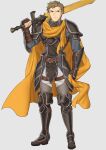  1boy absurdres armor boots brown_eyes brown_hair cape ebinku fingerless_gloves fire_emblem fire_emblem:_path_of_radiance full_body gloves greil grey_background highres holding holding_sword holding_weapon male_focus over_shoulder ragnell shoulder_armor simple_background solo standing sword sword_over_shoulder weapon weapon_over_shoulder yellow_cape younger 