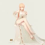  1girl artist_name bare_legs blonde_hair blush braid breasts closed_mouth collarbone crossed_legs cup dress drinking_glass earrings eyebrows_visible_through_hair french_braid girls_frontline hand_on_hip heart heart_earrings high_heels highres holding holding_cup jewelry ku_rong legs lips long_hair looking_at_viewer nail_polish necklace ots-14_(girls_frontline) red_nails simple_background sitting small_breasts smile solo white_dress wine_glass yellow_eyes 