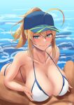  1boy 1girl absurdres ahoge artoria_pendragon_(all) aya_(user_ddya7452) bangs bare_shoulders bikini blonde_hair blue_eyes blush breast_hold breasts cleavage fate/grand_order fate_(series) hair_between_eyes hair_through_headwear highres huge_breasts looking_at_viewer lying mysterious_heroine_xx_(fate) nude on_back out_of_frame paizuri partially_submerged sidelocks smile swimsuit water 