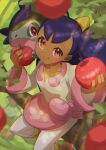  1girl :t absurdres apple arm_up axew bangs bitten_apple blurry blush closed_mouth collarbone commentary_request dark_skin dark_skinned_female emolga eyelashes food fruit gen_5_pokemon hand_up highres holding holding_food holding_fruit incoming_food iris_(pokemon) leggings long_hair looking_at_viewer pokemon pokemon_(anime) pokemon_(creature) pokemon_bw_(anime) purple_hair sitting smile taisa_(lovemokunae) tied_hair tree_branch 