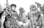  2boys berserk black_hair cacodemon character_request clenched_hand crossover cyclops dagger doom_(series) doomguy eye_contact fist_bump greyscale gun guts_(berserk) helmet highres horns looking_at_another missing_eye monochrome multiple_boys muscular muscular_male one-eyed pouch power_armor sheath sheathed standing substance20 sword weapon 