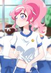  1girl 6+boys absurdres blue_collar blue_shorts blue_sleeves blurry blurry_background blush close-up collar collarbone commentary day depth_of_field eyebrows_visible_through_hair fanning_self gym gym_shirt gym_shorts gym_uniform headband high_ponytail highres kiratto_pri_chan long_hair looking_to_the_side momoyama_mirai motion_lines multiple_boys navel pink_hair pretty_(series) purple_eyes raised_eyebrows shiny shiny_hair shiny_skin shirt shirt_lift shorts sidelocks solo_focus stomach striped striped_shorts sugimura_mickey sweat tree upper_body white_headband white_shirt white_stripes window 