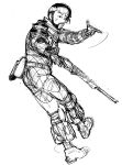  1boy 30-30_repeater apex_legends beard belt bodysuit conto facial_hair finger_gun goatee goggles goggles_on_head greyscale gun hair_behind_ear highres holding holding_gun holding_weapon male_focus mirage_(apex_legends) monochrome open_mouth pointing rifle sketch solo weapon white_background 