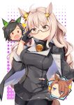  3girls :o ^^^ ahoge animal_ears bangs biwa_hayahide_(umamusume) black_capelet black_gloves black_hair black_jacket black_legwear black_skirt blue_eyes blush breasts brown_eyes brown_hair capelet check_commentary closed_mouth collar commentary_request cosplay cowboy_shot crown ear_ornament ear_ribbon eyebrows_visible_through_hair frown glasses gloves hair_between_eyes hair_ornament hair_over_one_eye hairclip halftone halftone_background highres horse_ears horse_girl horse_tail inset jacket kantai_collection kikumon large_breasts long_hair looking_at_viewer mini_crown miniskirt multiple_girls musashi_(kancolle) musashi_(kancolle)_(cosplay) narita_taishin_(umamusume) no_mouth open_mouth partially_fingerless_gloves purple_background red-framed_eyewear red_eyes remodel_(kantai_collection) semi-rimless_eyewear short_hair sidelocks skirt sparkle standing tail thighhighs umamusume under-rim_eyewear very_long_hair white_background winning_ticket_(umamusume) yasume_yukito 