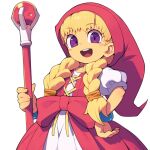  1girl :d bangs blonde_hair braid commentary_request dragon_quest dragon_quest_xi eyebrows_visible_through_hair hand_on_hip holding holding_staff long_hair looking_at_viewer metata open_mouth simple_background smile solo staff twin_braids veronica_(dq11) white_background 