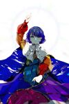  1girl artist_request bangs blue_eyes cape dress halo highres looking_at_viewer multicolored multicolored_clothes multicolored_dress multicolored_hairband pointing pointing_down pointing_up rainbow_gradient red_button short_hair simple_background solo tenkyuu_chimata touhou two-sided_cape two-sided_fabric white_background white_cape 