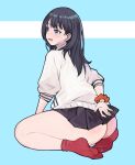  arms_behind_back ass black_hair blue_eyes bobobong cardigan commentary covering earphones highres long_hair miniskirt no_shoes orange_scrunchie red_legwear scrunchie short_hair skirt soles ssss.gridman takarada_rikka thick_thighs thighs 