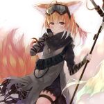  1girl animal_ear_fluff animal_ears arknights bangs black_pants brown_eyes brown_hair commentary_request eyebrows_visible_through_hair fingerless_gloves fox_ears fox_girl fox_tail gloves goggles goggles_on_head grey_gloves hair_between_eyes highres holding holding_staff kitsune mizumidori pants solo staff suzuran_(arknights) suzuran_(lostlands_flowering)_(arknights) tail torn_clothes torn_pants 