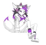  2021 5_fingers canid canine clothing digital_media_(artwork) eyebrows eyelashes fingers footwear fox foxmode fur hair hi_res mammal purple_eyes purple_hair shoes simple_background solo standing white_background white_body white_fur 