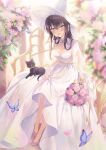  1girl :d bangs black_cat black_hair bliss_(ferment_factory) blue_butterfly blurry bouquet bow bowtie breasts bug butterfly cat chair cleavage cleavage_cutout clothing_cutout crossed_bangs depth_of_field dress english_commentary flower hair_between_eyes highres holding holding_bouquet insect long_hair long_sleeves looking_at_viewer medium_breasts medium_hair open_mouth original pink_flower pink_rose purple_eyes purple_footwear rose see-through_sleeves sidelocks sitting smile wedding_dress white_dress white_headwear 