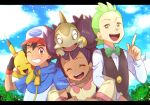  1girl 2boys :d artist_name ash_ketchum axew bangs baseball_cap black_hair blue_jacket blurry bow bowtie brown_eyes brown_vest chitozen_(pri_zen) cilan_(pokemon) closed_eyes cloud commentary_request day eyelashes fingerless_gloves gen_1_pokemon gen_5_pokemon gloves green_eyes green_hair green_neckwear grin hat index_finger_raised iris_(pokemon) jacket letterboxed locked_arms long_hair long_sleeves looking_at_viewer multiple_boys no_sclera on_head one_eye_closed open_mouth outdoors pikachu pokemon pokemon_(anime) pokemon_(creature) pokemon_bw_(anime) pokemon_on_back pokemon_on_head purple_hair shirt short_sleeves sky smile tongue upper_teeth vest watermark white_shirt zipper_pull_tab |d 