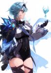  1girl blue_hair blue_neckwear bodystocking breasts cape cowboy_shot eula_(genshin_impact) genshin_impact gloves hairband highres leotard long_sleeves looking_to_the_side lunateelf medium_breasts necktie parted_lips skindentation solo thigh_strap thighhighs wide_sleeves 