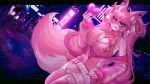  1girl animal_ears breasts city cityscape cleavage cleavage_cutout clothing_cutout fluff fluffy fox_ears fox_girl fox_tail highres indie_virtual_youtuber jacket kireina_(osiimi) large_breasts licking_lips neon_lights off_shoulder original osiimi pink_eyes pink_hair pink_jacket pink_legwear ribbed_sweater sweater tail thighhighs thighs tongue tongue_out twintails virtual_youtuber 