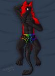  2020 absurd_res anthro arm_tuft armpit_hair balls_outline biped black_body black_clothing black_fur black_underwear body_hair boxers_(clothing) bulge chest_tuft claws clothed clothing elbow_tufts fur gaokun genital_outline hair hi_res male multicolored_clothing multicolored_underwear neck_tuft partially_clothed penis_outline rainbow_clothing rainbow_underwear red_body red_ears red_eyes red_fur red_hair red_inner_ear sergal simple_background smile solo toe_claws tuft underwear watermark 