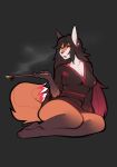  2021 4_toes 5_fingers anthro black_hair breasts canid canine clothed clothing digital_media_(artwork) eyebrows eyelashes feet female fingers fox hair mammal ni70 red_eyes sitting toes 