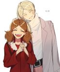  2girls 333333s2 age_difference belt belt_buckle blonde_hair brown_hair buckle coat cowboy_shot dated eyebrows_visible_through_hair eyelashes facing_viewer fur-trimmed_coat fur_trim grin haiba_arisa haikyuu!! hair_ornament hairclip hand_on_another&#039;s_head hands_together head_tilt headpat highres interlocked_fingers jacket long_hair long_sleeves multiple_girls own_hands_together pink_jacket ponytail red_coat smile sweater teeth tied_hair tongue turtleneck turtleneck_sweater twintails white_background white_sweater yamamoto_akane 