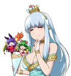  3girls :d bangs bow breasts breathing_fire cleavage closed_eyes crepe double_bun dragon dragon_wings fang feh_(fire_emblem_heroes) fire fire_emblem fire_emblem_heroes food green_eyes green_hair hair_bow hair_ribbon hands_up highres horns light_blue_hair long_hair memetsu_(umvn4442) multiple_girls myrrh_(fire_emblem) ninian_(fire_emblem) open_mouth purple_eyes purple_hair red_bow ribbon sidelocks simple_background smile striped striped_bow tiki_(fire_emblem) upper_body white_background wings wrapped_candy 
