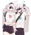  1boy 1girl bag black_hairband black_shorts blindfold blue_heart blush border breasts casual cellphone choker couple cowboy_shot dinikee hairband heart hetero holding_another large_breasts mole mole_under_mouth nier_(series) nier_automata phone pink_heart selfie shirt short_hair short_shorts short_sleeves shorts smartphone smile t-shirt white_border white_hair white_shirt yorha_no._2_type_b yorha_no._9_type_s 