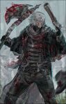  1boy absurdres axe bandage_on_face bandages beard black_coat blood blood_from_mouth blood_on_face bloodborne bloody_clothes blurry blurry_background cloak coat covered_eyes english_commentary facial_hair father_gascoigne grin gun hat hat_removed headwear_removed highres holding holding_axe holding_gun holding_weapon jewelry long_coat male_focus necklace nslacka pendant scarf short_hair smile solo tattered_cape teeth weapon white_hair 