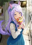  1girl animal_ears arms_up bangs blue_dress bow covering_mouth cowboy_shot crepe curcumin dress eyebrows_visible_through_hair food fruit hair_bow heart highres holding horse_ears horse_girl horse_tail layered_clothing layered_dress long_hair long_sleeves mejiro_mcqueen_(umamusume) outdoors purple_eyes purple_hair strawberry tail umamusume 