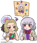  2girls blonde_hair blush brown_jacket commentary_request eyebrows_visible_through_hair feathered_wings grey_hair grey_wings head_rest highres howhow_notei imagining jacket kishin_sagume long_sleeves looking_at_another low_twintails magatama multicolored multicolored_eyes multiple_girls pose red_eyes single_wing sparkling_eyes squiggle tamatsukuri_misumaru touhou twintails v-shaped_eyebrows white_background wings yin_yang 