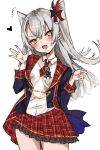  1girl alternate_costume amatsukaze_(kancolle) bangs blush breasts chigasaki_y fang grey_hair hair_between_eyes hair_ornament heart idol kantai_collection long_hair long_sleeves medium_breasts open_mouth plaid plaid_skirt simple_background skirt solo two_side_up white_background yellow_eyes 