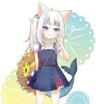  1girl aa2233a animal_ears arm_behind_back bag blue_eyes blue_hair cat_ears dress fish_tail flower gawr_gura hair_bobbles hair_ornament handbag hat hat_flower hat_removed headwear_removed hololive hololive_english looking_at_viewer multicolored_hair pinafore_dress shark_tail simple_background smile solo standing stitches straw_hat sun_hat tail two-tone_hair v virtual_youtuber white_hair 