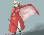  1girl breasts cape edelgard_von_hresvelg fire_emblem fire_emblem:_three_houses full_body gloves hair_ornament hair_ribbon horns long_hair long_sleeves looking_at_viewer purple_eyes red_cape ribbon robaco simple_background solo uniform white_hair 