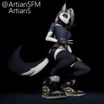  1:1 3d_(artwork) anthro artians big_shoes black_clothing black_footwear bottomwear breasts canid canid_demon canine choker clothing collar crouching darkness demon digital_media_(artwork) fangs female fingerless_gloves footwear fur gesture gloves grey_body grey_fur hair hand_on_hip handwear hellhound helluva_boss hi_res jewelry legwear looking_at_viewer loona_(vivzmind) mammal multicolored_body multicolored_fur navel necklace notched_ear pose pupils red_eyes red_sclera shirt shoes shorts small_breasts smile solo source_filmmaker spiked_collar spikes stockings teeth topwear torn_clothing v_sign white_body white_eyes white_fur white_hair white_pupils 