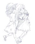  2girls :3 arm_at_side bandaid bandaid_on_cheek bandaid_on_face bangs bow closed_mouth eye_contact fang flandre_scarlet frilled_blouse frilled_sleeves frills from_side full_body hand_up hands_on_another&#039;s_shoulders hat hat_bow hatching_(texture) highres komeiji_koishi leg_up linear_hatching long_hair looking_at_another looking_back looking_to_the_side low_wings mary_janes medium_skirt motsuni_(artist) multiple_girls open_mouth outstretched_arms profile puffy_short_sleeves puffy_sleeves raised_eyebrow shoes short_sleeves simple_background sketch skirt sleeves_past_elbows smile tareme touhou walking wavy_hair white_background wide_sleeves wings wristband 