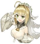  :d ahoge bangs blonde_hair breasts bridal_veil chain cleavage detached_sleeves elbow_gloves fate/extra fate/extra_ccc fate/grand_order fate_(series) gloves green_eyes hair_intakes juliet_sleeves large_breasts long_sleeves nero_claudius_(bride)_(fate) nero_claudius_(fate)_(all) nogami_(minamiituki) open_mouth puffy_sleeves short_hair simple_background smile upper_body v_over_eye veil white_background white_gloves white_sleeves wide_sleeves zipper 