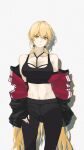  1girl alpello1901 bangs bare_shoulders black_pants black_sports_bra blonde_hair breasts closed_mouth collarbone eyebrows_visible_through_hair feet_out_of_frame girls_frontline highres jacket_pull long_hair looking_at_viewer medium_breasts ots-14_(girls_frontline) pants solo sports_bra sportswear standing stomach very_long_hair white_background yellow_eyes 