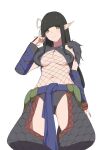  1girl armor bangs black_hair blunt_bangs breasts closed_mouth fewer_digits fishnets gloves hair_ornament hairband highres hinoa large_breasts long_hair looking_at_viewer midriff monster_hunter_(series) monster_hunter_rise nargacuga_(armor) navel panties pointy_ears simple_background smile solo thighhighs underwear whitek yellow_eyes 