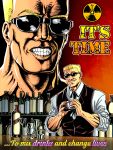  1boy alcohol bartender black_neckwear black_vest blonde_hair bottle clock cocktail_glass counter cup drinking_glass duke_nukem duke_nukem_(character) english_text glass highres male_focus meme multiple_views radiation_symbol reflection smile substance20 sunglasses teeth upper_body va-11_hall-a vest wine_bottle 