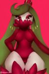  breasts camel_toe clothed clothing elemental_creature eyeshadow female flora_fauna green_hair hair hand_on_hip hi_res humanoid looking_at_viewer macaronneko makeup mammal nintendo nipple_outline not_furry pink_background plant pok&eacute;mon pok&eacute;mon_(species) red_background red_eyes simple_background small_breasts solo standing thick_thighs tsareena video_games white_body wide_hips 