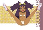  1girl :d arms_behind_back bangs big_hair bikini blush brown_eyes cameltoe commentary_request covered_nipples dark_skin dark_skinned_female full_body gym_leader iris_(pokemon) legs_up long_hair looking_at_viewer makoto_daikichi navel open_mouth outline pink_footwear pokemon pokemon_(game) pokemon_bw purple_hair shoe_soles shoes smile solo spread_legs swimsuit tied_hair tongue two_side_up 